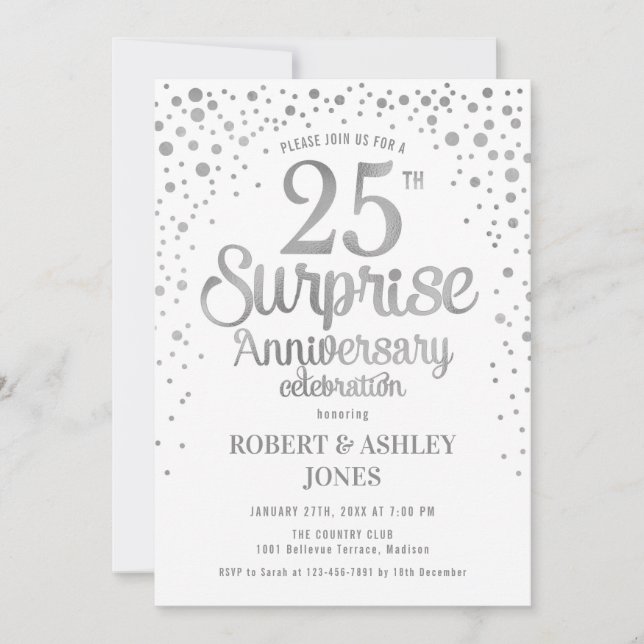 Invitation Surprise 25e anniversaire de mariage - Argent & Bl (Devant)
