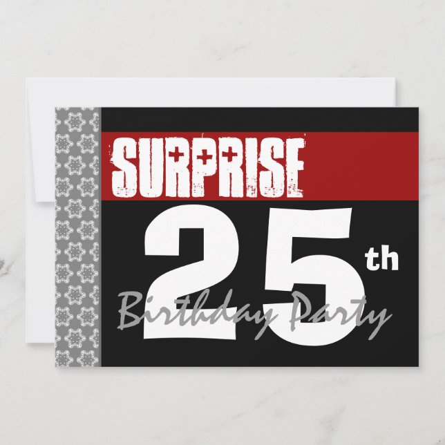 Invitation Surprise 25e anniversaire Moderne Noir et Bourgogn (Devant)
