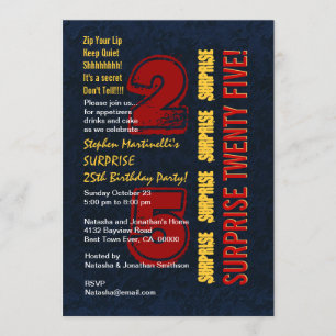Invitation SURPRISE 25e anniversaire moderne Red Gold Blue W5