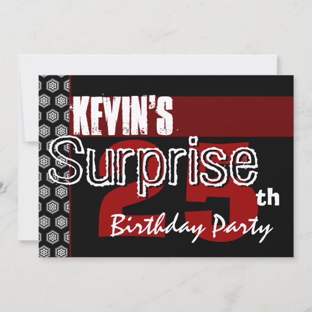 Invitation Surprise 25e anniversaire Moderne Rouge Blanc Noir (Devant)