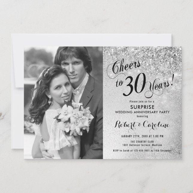 Invitation Surprise 30e anniversaire avec photo - Argent (Devant)