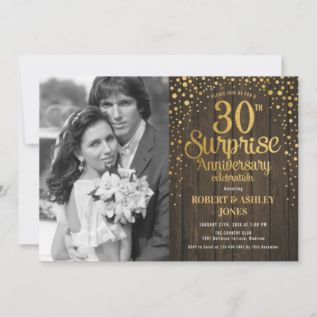 Invitation Surprise 30e anniversaire avec photo - Bois Or (Devant)