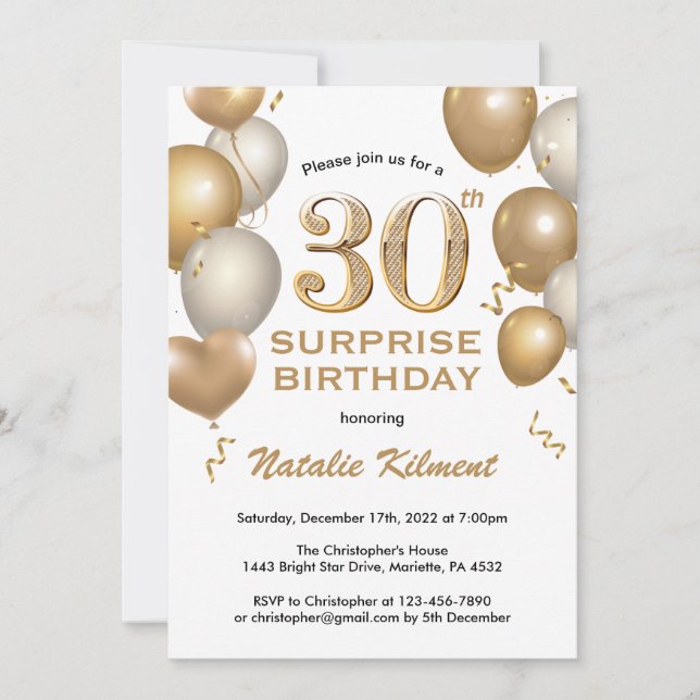 Invitation Surprise 30e anniversaire Ballons blanc et or (Devant)
