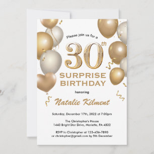 Invitation Surprise 30e anniversaire Ballons blanc et or