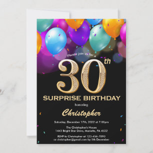 Invitation Surprise 30e anniversaire Ballons noir et or