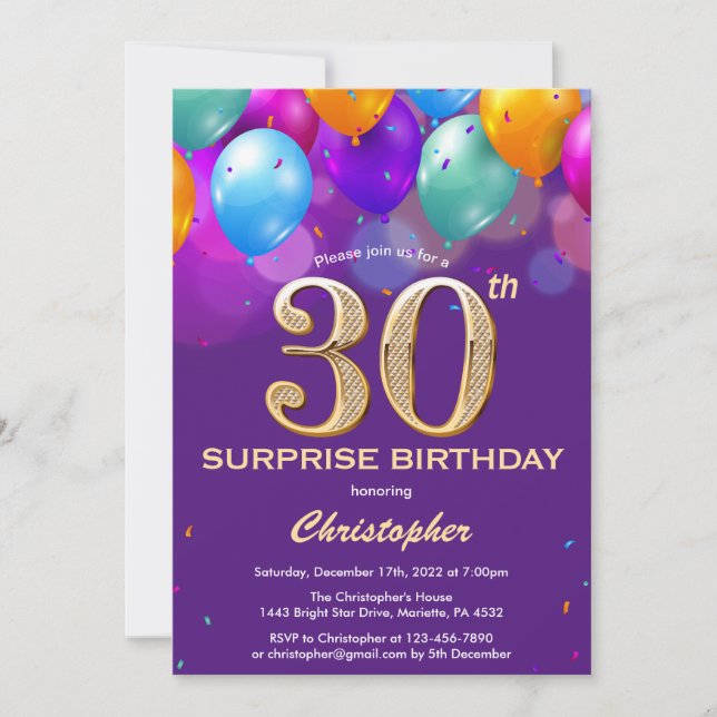 Invitation Surprise 30e anniversaire Ballons violet et or (Devant)