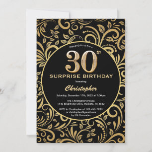 Invitation Surprise 30e anniversaire Black and Gold Floral