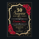 Invitation Surprise 30e anniversaire - Black Gold Red Invitat<br><div class="desc">Invitation surprise 30e anniversaire. Dessin noir féminin,  rouge avec parties scintillant en or. Comprend des roses rouges,  des caractères de script et des confettis. Parfait pour une soirée d'anniversaire élégante. Peut être personnalisé pour montrer n'importe quel âge. Message-moi si vous avez besoin d'une personnalisation plus poussée.</div>