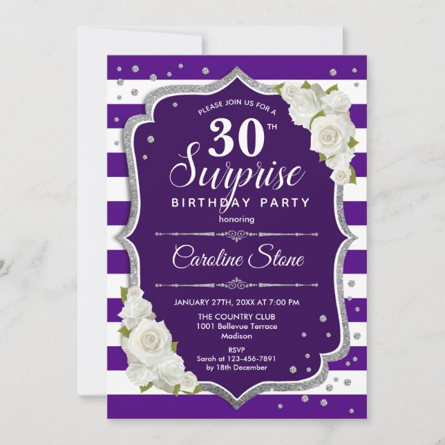 Invitation Surprise 30e anniversaire - Blanc d'argent violet (Devant)