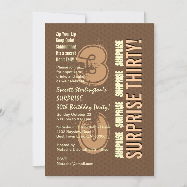 Invitation SURPRISE 30e anniversaire Brown Tan Ivory V8 (Devant)