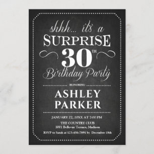 Invitation Surprise 30e anniversaire - Chalkboard noir blanc