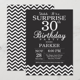 Invitation Surprise 30e Anniversaire Chevron Noir et Blanc