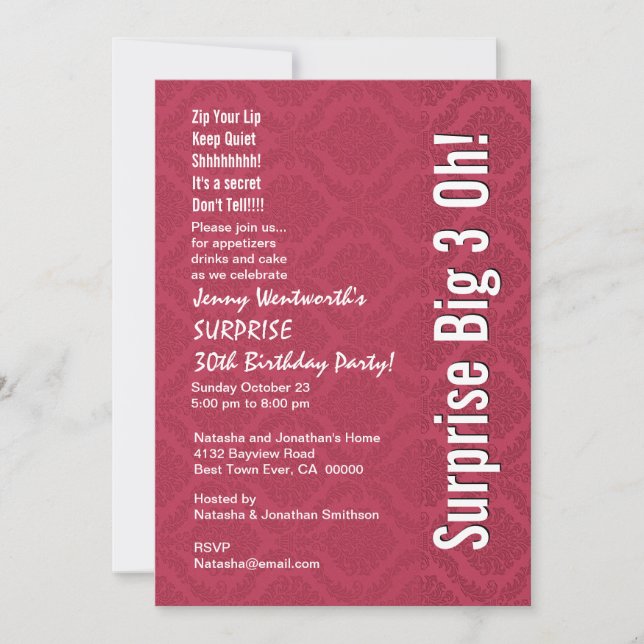 Invitation SURPRISE 30e anniversaire Damas rouge et blanc (Devant)