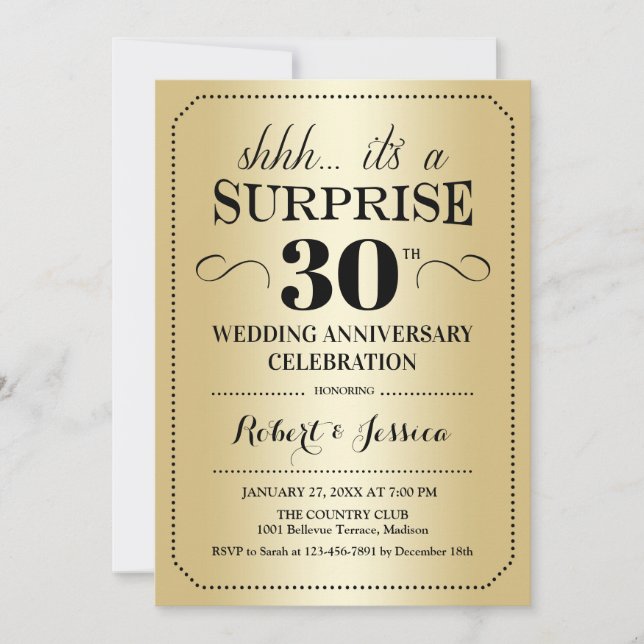 Invitation Surprise 30e anniversaire de mariage - Or Noir (Devant)