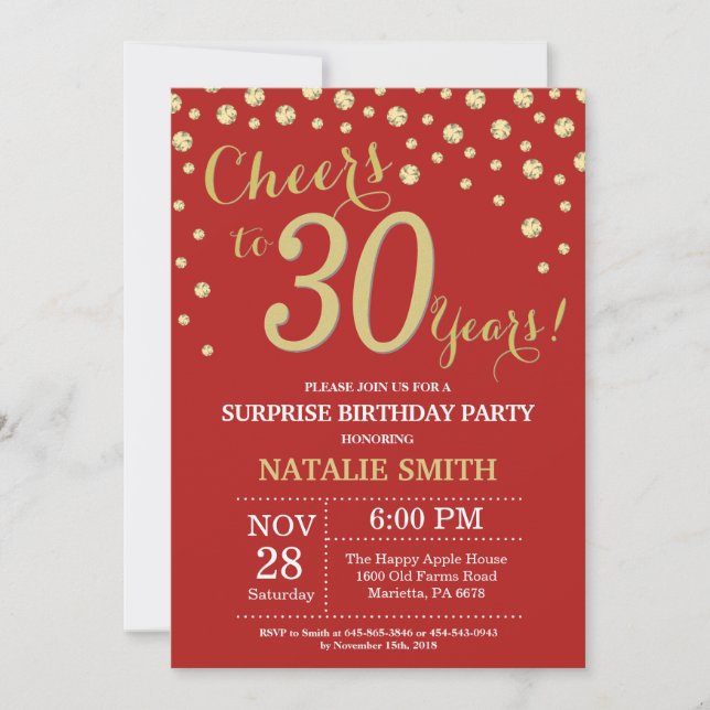 Invitation Surprise 30e anniversaire Diamant rouge et or (Devant)