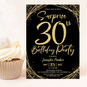 Invitation Surprise 30e anniversaire fête Chic Black & Gold