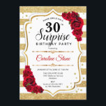 Invitation Surprise 30e anniversaire - Gold White Red<br><div class="desc">Invitation surprise 30e anniversaire. Blanc féminin,  design rouge avec faux or parties scintillant. Comprend des rayures,  des roses rouges,  des caractères de script et des confettis. Parfait pour une soirée d'anniversaire élégante. Peut être personnalisé pour montrer n'importe quel âge. Message-moi si vous avez besoin d'une personnalisation plus poussée.</div>