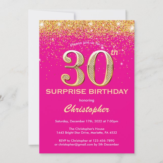 Invitation Surprise 30e anniversaire Hot rose et Parties scin (Devant)