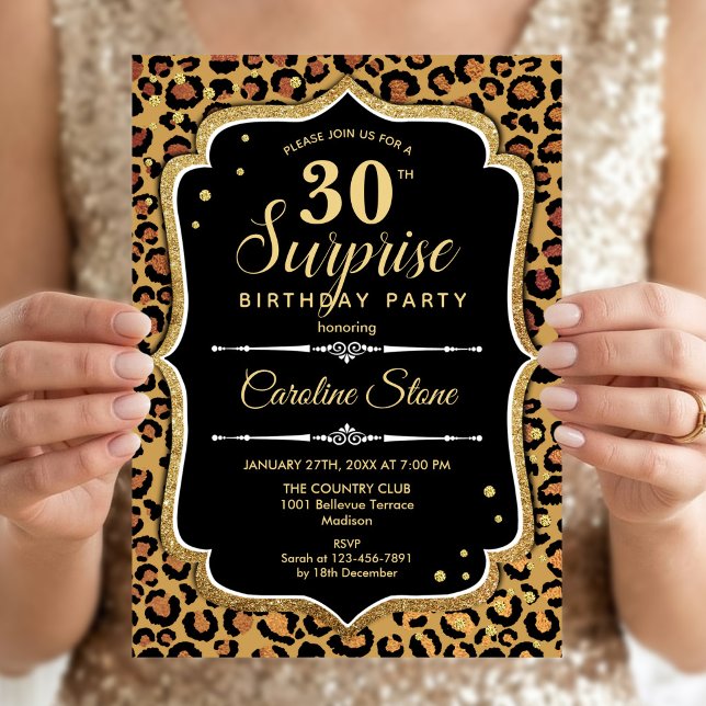 Invitation Surprise 30e Anniversaire - Léopard Noir Or (Créateur téléchargé)
