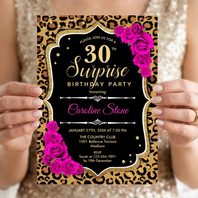 Invitation Surprise 30e Anniversaire - Léopard Noir Or Rose (Créateur téléchargé)