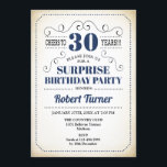 Invitation Surprise 30e anniversaire - Marine bleu blanc noir<br><div class="desc">Surprise 30th Birthday Invitation Design rétro en bleu marine blanc avec un arrière - plan crémeux vintage. Bravo à 30 ans ! Peut également être personnalisé dans n'importe quelle année.</div>