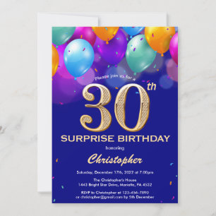Invitation Surprise 30e anniversaire Marine Bleu et Ballons d