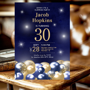 Invitation Surprise 30e anniversaire Marine Blue Gold Ballons