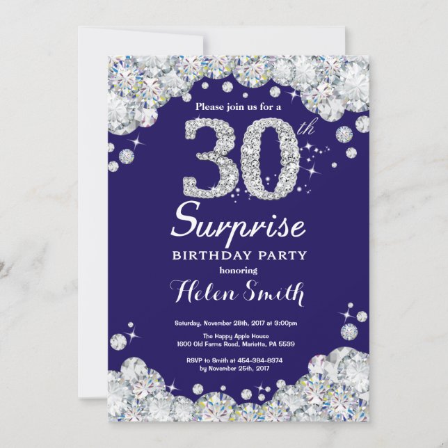Invitation Surprise 30e anniversaire Marine Blue Silver Diamo (Devant)