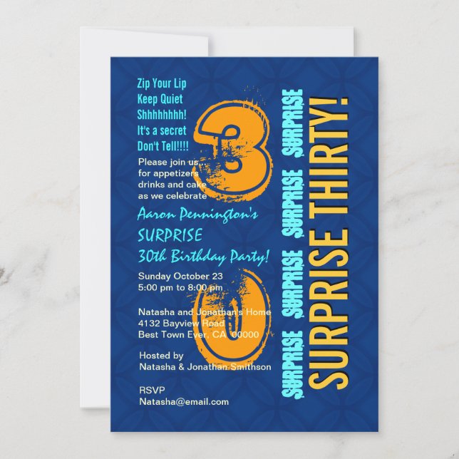 Invitation SURPRISE 30e anniversaire Modern Blue and Gold F54 (Devant)