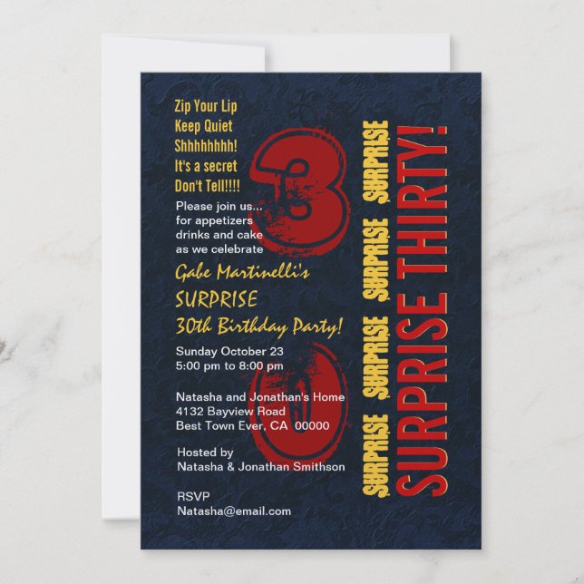 Invitation SURPRISE 30e anniversaire moderne Red Gold Blue W6 (Devant)