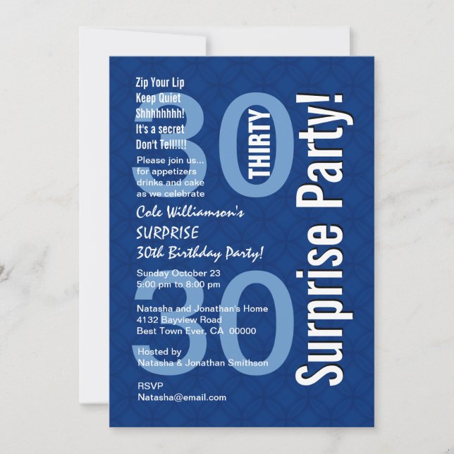 Invitation SURPRISE 30e anniversaire Moderne Royal Blue R600 (Devant)