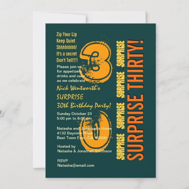 Invitation SURPRISE 30e Anniversaire moderne Vert Or Orange (Devant)
