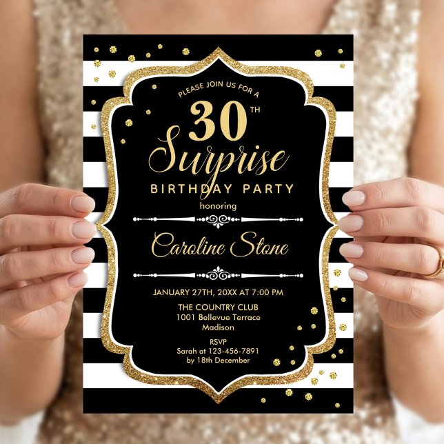 Invitation Surprise 30e Anniversaire - Noir Blanc Or (Créateur téléchargé)