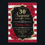 Invitation Surprise 30e anniversaire - Noir Blanc Rouge<br><div class="desc">Invitation surprise 30e anniversaire. Dessin féminin noir,  blanc,  rouge avec fausse parties scintillant or. Caractéristiques rouge foncé et blanc rayures,  rose,  police de script et confetti. Parfait pour une soirée d'anniversaire élégante. Peut être personnalisé pour montrer n'importe quel âge. Message-moi si vous avez besoin d'une personnalisation plus poussée.</div>