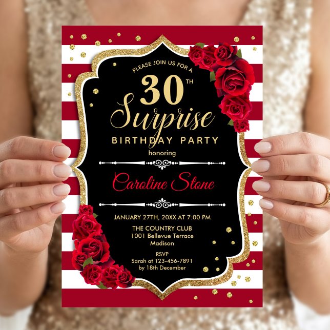 Invitation Surprise 30e Anniversaire - Noir Blanc Rouge (Créateur téléchargé)
