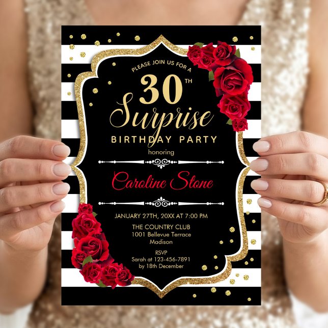 Invitation Surprise 30e Anniversaire - Noir Blanc Rouge (Créateur téléchargé)