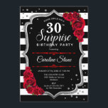 Invitation Surprise 30e anniversaire - Noir Blanc Rouge<br><div class="desc">Invitation surprise 30e anniversaire. Feminine noir, blanc, rouge design avec fausse parties scintillant argent. Caractéristiques noir et blanc rayures, roses rouges, police de script et confetti. Parfait pour une soirée d'anniversaire élégante. Peut être personnalisé pour montrer n'importe quel âge. Message-moi si vous avez besoin d'une personnalisation plus poussée.</div>