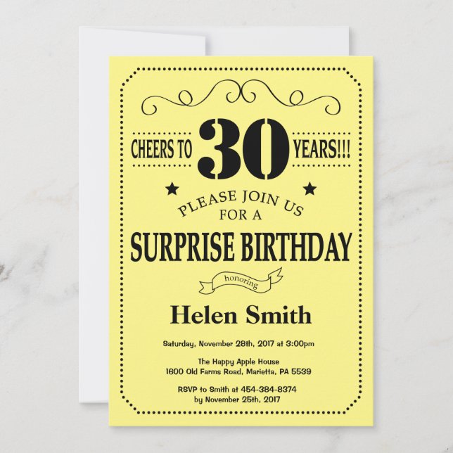 Invitation Surprise 30e Anniversaire Noir et Jaune (Devant)