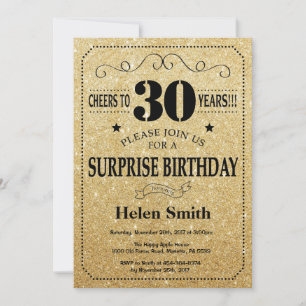 Invitation Surprise 30e Anniversaire Noir et Or Paillettes