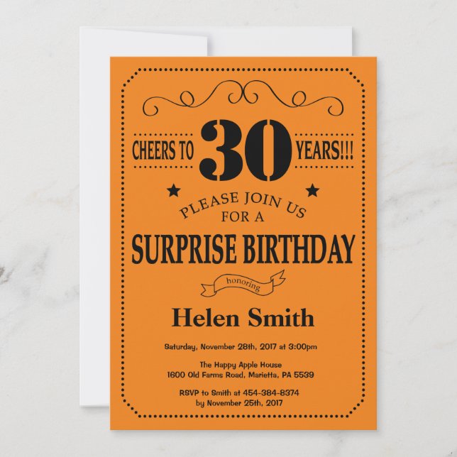 Invitation Surprise 30e Anniversaire Noir et Orange (Devant)