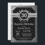 Invitation Surprise 30e Anniversaire Noir et Paillettes Argen<br><div class="desc">Invitation d'anniversaire surprise 30 ans avec fond noir et paillettes argentées. Anniversaire adulte. Anniversaire homme ou femme. Invitation d'anniversaire pour enfants garçon ou fille ado teenager. 13ème 15ème 16ème 18ème 20ème 21ème 30ème 40ème 50ème 60ème 70ème 80ème 90ème 100ème. Tout âge. Pour une personnalisation plus poussée, veuillez cliquer sur le...</div>