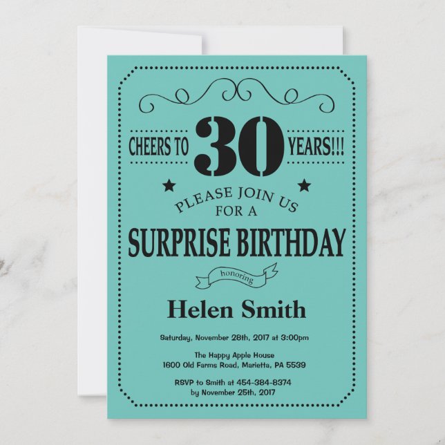 Invitation Surprise 30e anniversaire Noir et Turquoise (Devant)