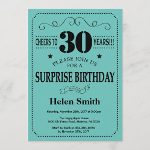 Invitation Surprise 30e anniversaire Noir et Turquoise