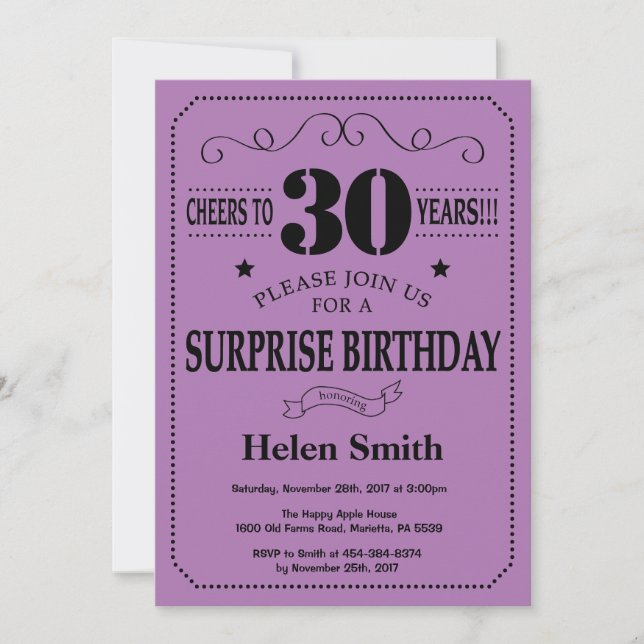 Invitation Surprise 30e anniversaire Noir et violet (Devant)
