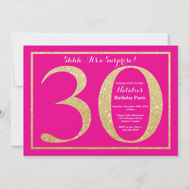 Invitation Surprise 30e Anniversaire Paillettes Rose Chaud et (Devant)
