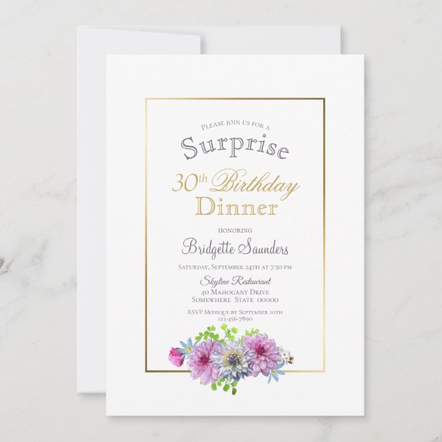Invitation Surprise 30e anniversaire Pink Floral Gold Diner (Devant)