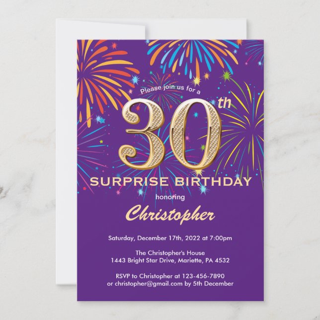 Invitation Surprise 30e anniversaire Purple and Gold Firework (Devant)