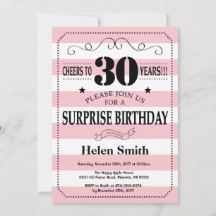 Invitation Surprise 30e Anniversaire Rayures Roses et Blanche