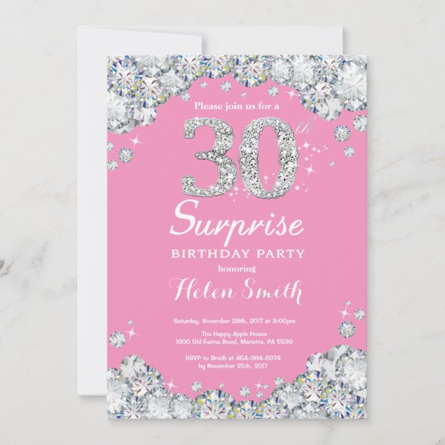 Invitation Surprise 30e anniversaire rose et diamant d'argent (Devant)
