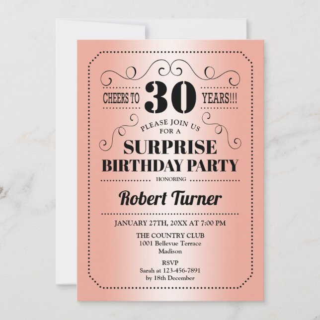 Invitation Surprise 30e anniversaire - Rose Gold Black (Devant)